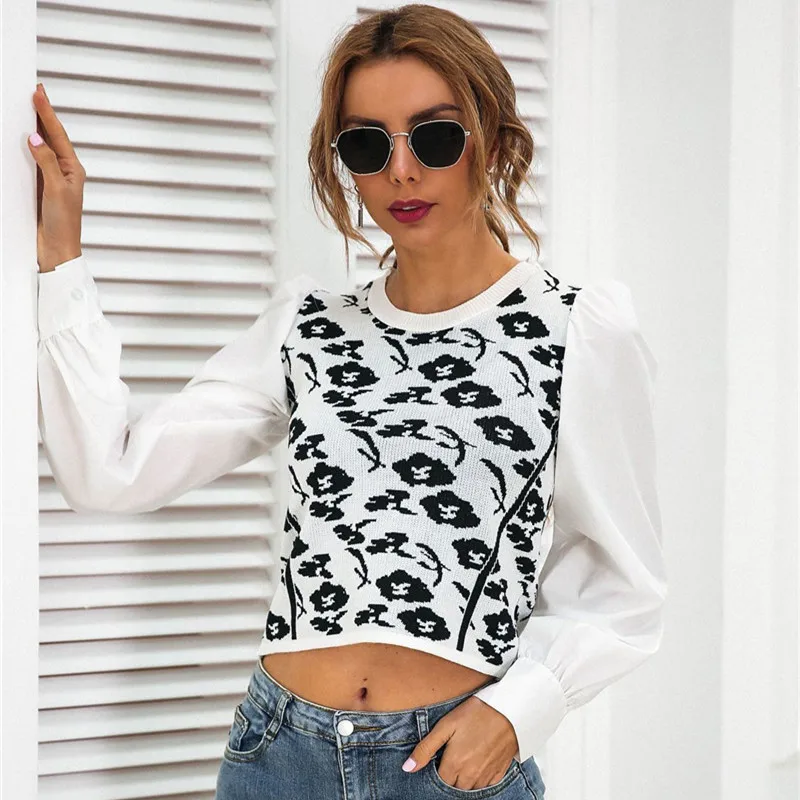 

Casual Print Patchwork Women Tops 2021 Winter Vintage O-neck Lantern Sleeves Slim T-shirts