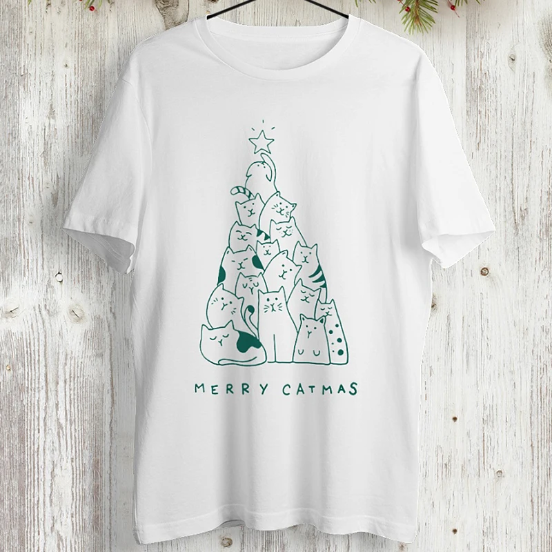 Merry Christmas футболка женская короткий рукав хлопок футболка Merry Catmas Забавный Китти принт топ мультфильм футболка с котами Рождественская футболка - Цвет: Белый