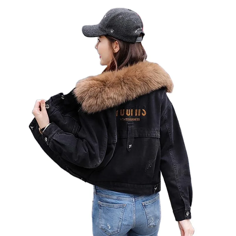 

Thickened fur collar denim jacket women short loose 2020 autumn and winter new Korean version plus velvet warm cotton ins tide
