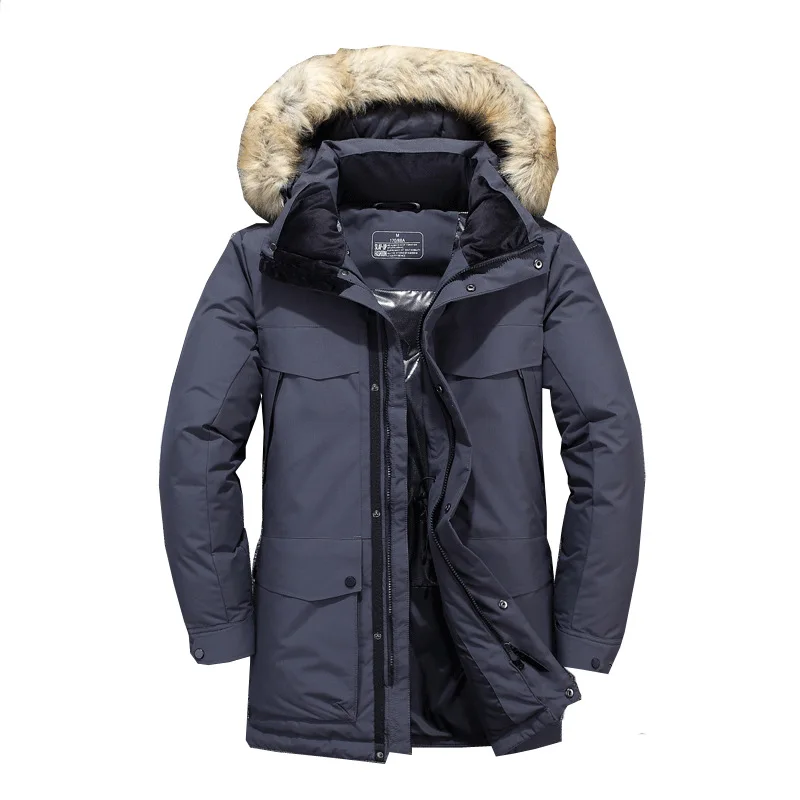 Мужской длинный пуховик с мехом на белом утином пуху защитой от ветра размеры до