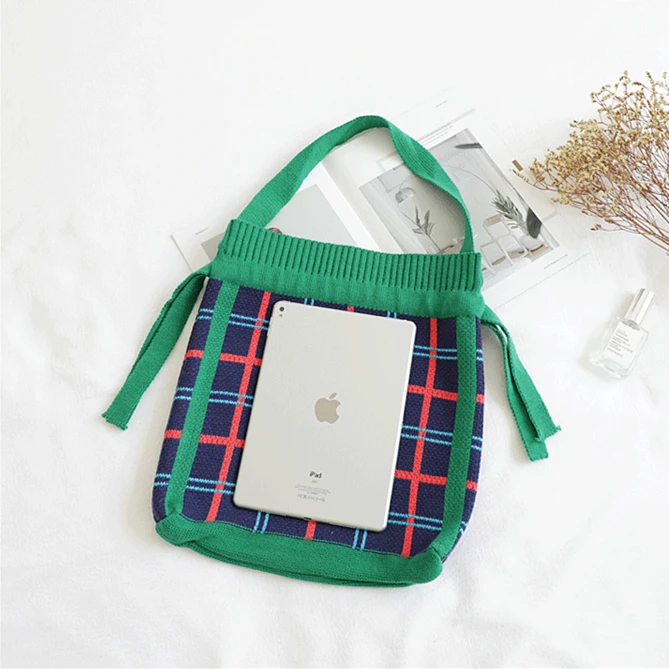 Винтажная клетчатая сумочка из клетчатой ткани женская вязаная сумка на шнурке с