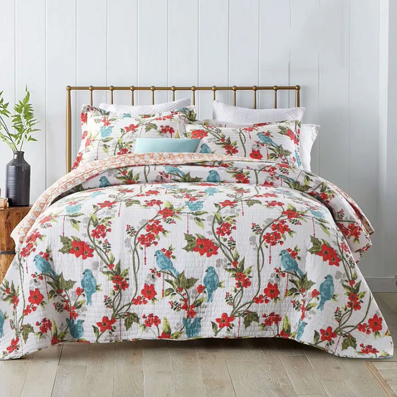 

New Luxury Flowers Bird Printing 100% Cotton Quilted Bedspread Coverlet Bed Cover Set Pillowcases 230X250CM 3PCS Home textiles