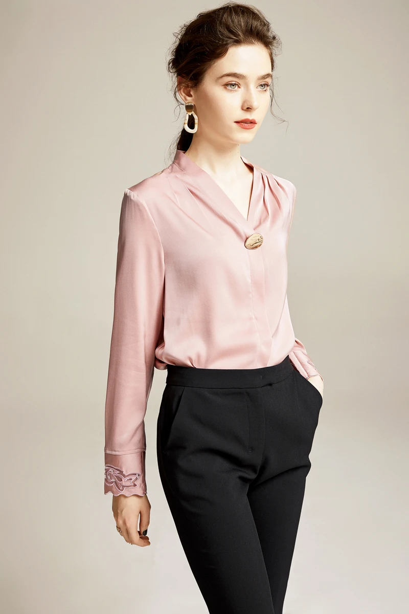 Женские шелковые рубашки сексуальные V образным вырезом с длинным рукавом