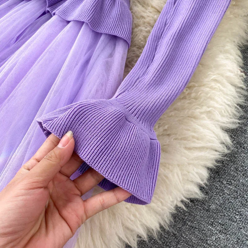 

Autumn Ruffled Collar Flare Long Sleeve Patchwork Dress Women High Waist Purple/Beige Irregular Dresses Female New Fashion 2021