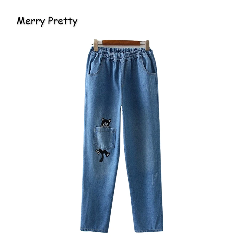 

Merry Pretty Women Jeans Pants Cartoon Dog Embroidery Pockets Denim Pants Elastic Waist Straight Softener Jean Pants Mom Jeans