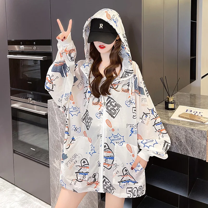 

Cartoon Print Women Long Sleeve Thin Sweatshirt Hoodies Zipper Loose Oversized Streetwear Casual 2021 Spring Autumn Women Coat
