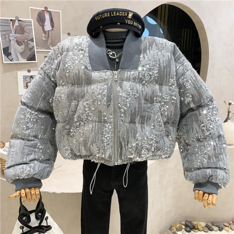 

Зимняя короткая стеганая куртка-бомбер с блестками, бейсбольное пальто с бусинами, Короткие топы, хлопковая подкладка, кардиган, парка 2021