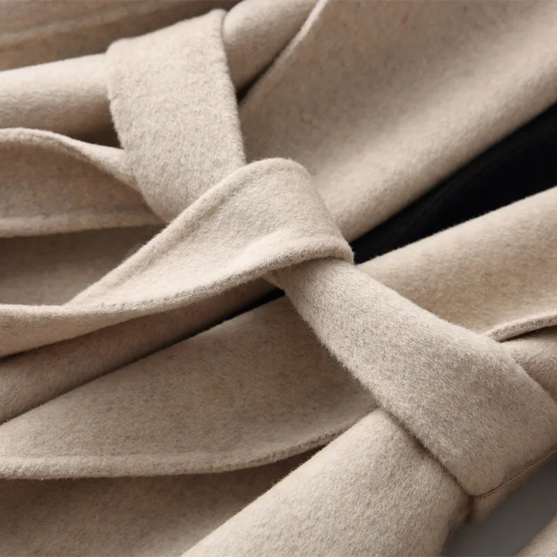 Осенне зимнее шерстяное пальто для женщин длинный пояс двусторонний тонкий