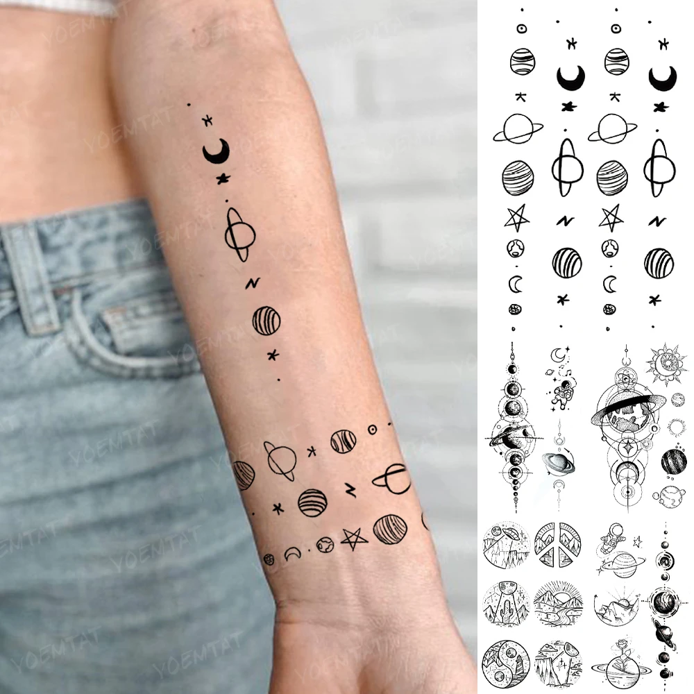 

Kids Children Boy Girl Baby Water Transfer Temporary Tattoo Sticker Earth Star Moon Galaxy Cute Black Line Small Size Fake Tatto