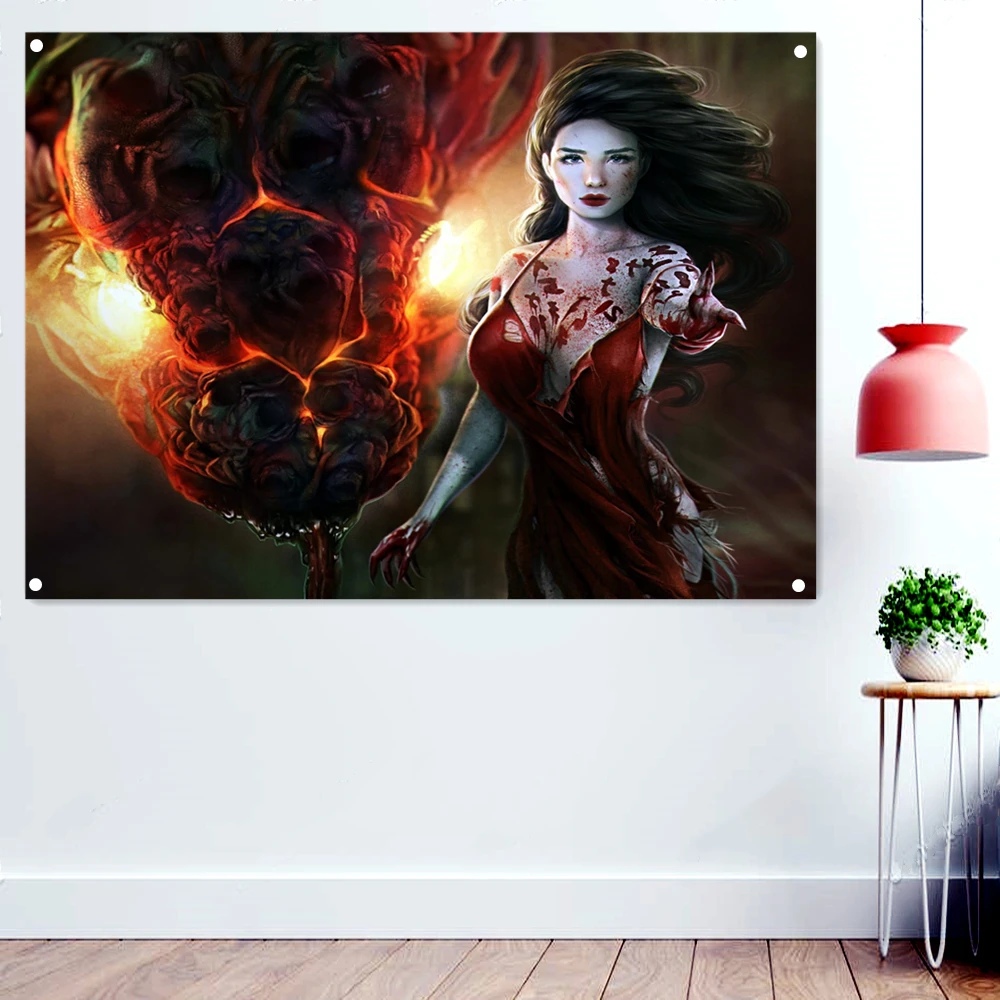 

Female Devil Dark Heavy Metal Music Artwork Banners Background Wall Hanging Cloth Disgusting Bloody Art Wallpaper Rock Flags