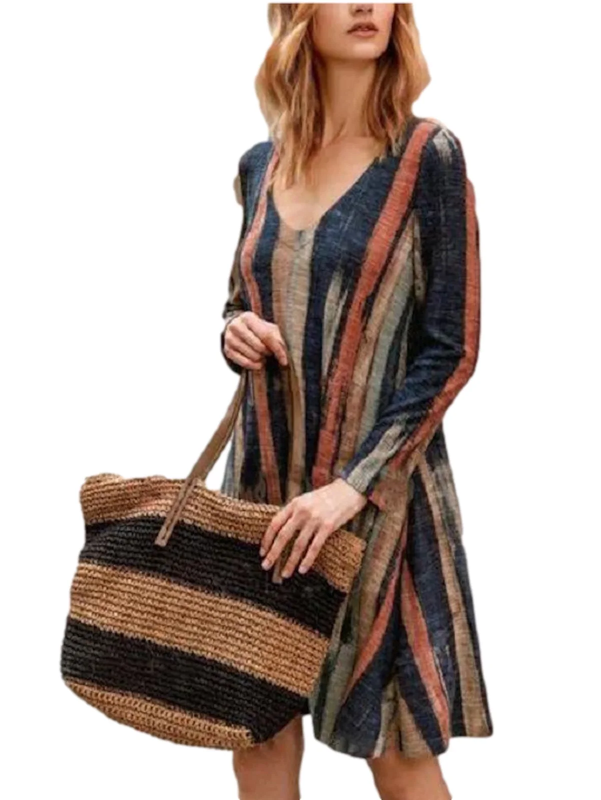 

Autumn Elegant Commuter Linen Multi-Color Stripe Comfortable Dress
