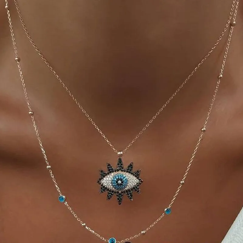 

Europe America Fashion Multilayer Chain Choker Necklaces For Women Trendy Geometric Crystal Eyes Pendant Necklaces Jewelry kolye