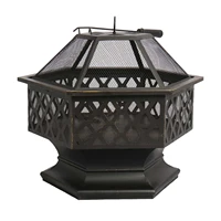 outdoor hex shaped wood fire pit with spark screen poker and fireplace cover
