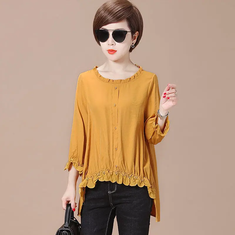 

Women's Spring Autumn Style Blouses Shirts Women's Solid Color Ruffles O-neck Button Long Sleeve Casual Tops SP688