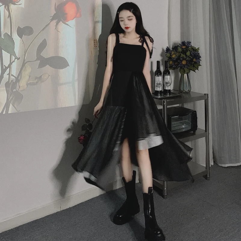 

Goth Dark Mesh Vintage Dresses For Girl 2021 Y2K Style Women's Chic Strap Irregular Summer Dress