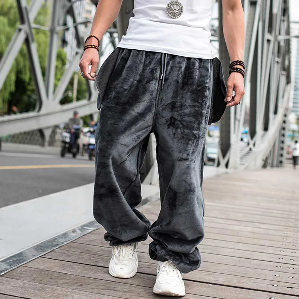 Размера плюс теплые флисовые штаны шаровары в стиле хип хоп брюки для бега мужчин