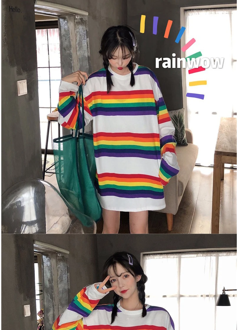 Женская футболка SAutumn Топы в Корейском стиле Ulzzang Harajuku Радужная полосатая футболка для женщин футболка с длинными рукавами женская повседневная одежда