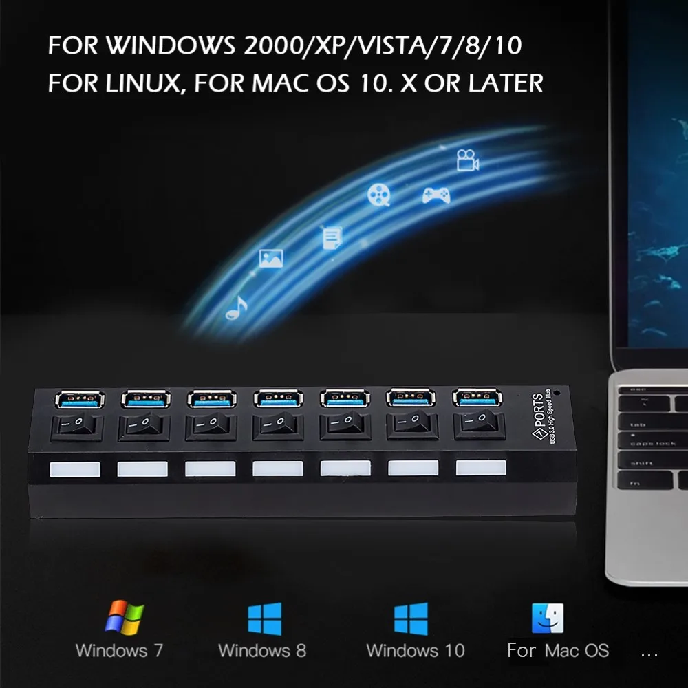 

USB 3.0 Hub Set Multi Port USB Hub Splitter with Switches 7 Port USB 3.0 Hub USB Port Expander for PC Laptop Notebook