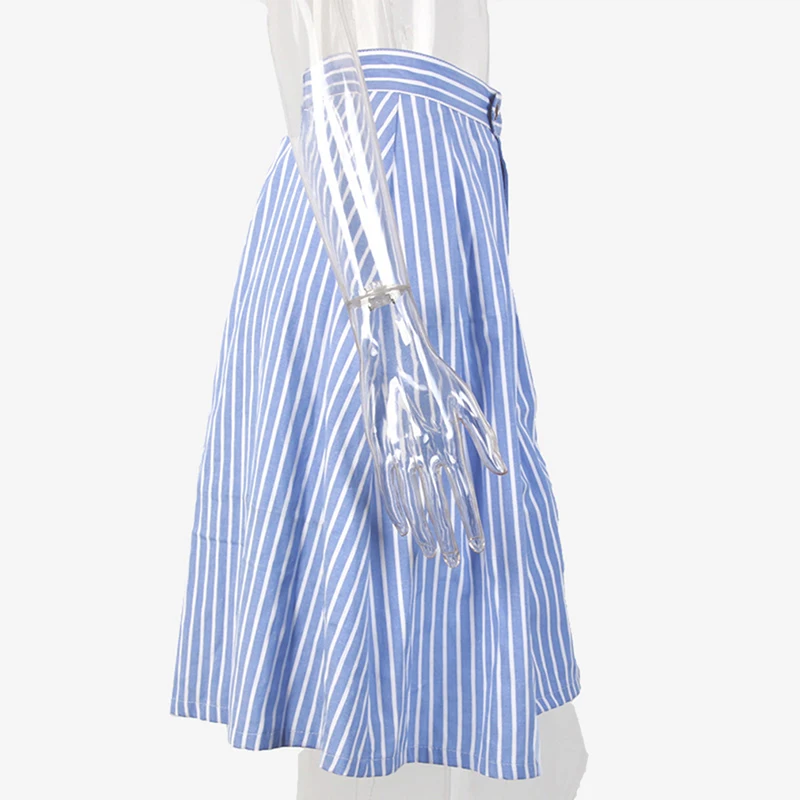 

2021 Summer New Arrival Women Striped A-Line Blue Single-Breasted Skirt Fashion Casual High Waist Knee-Length Skirts Hot Sale