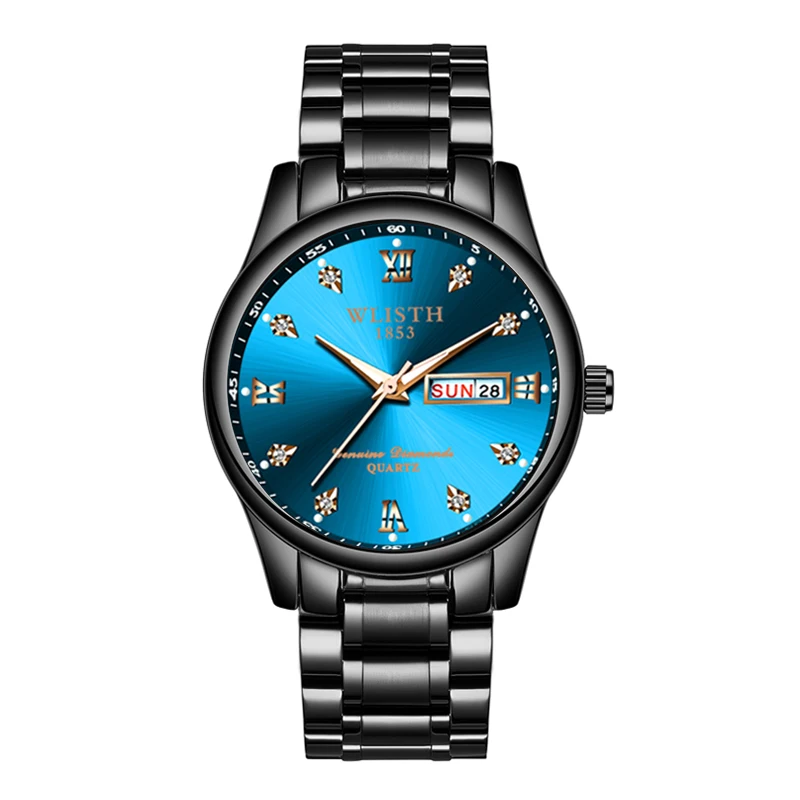

Wlisth Brand Watch Men Stainless Steel Diamond Men's Quartz Watch Clock Analog Display Date Week Wrist Watches Reloj Hombre