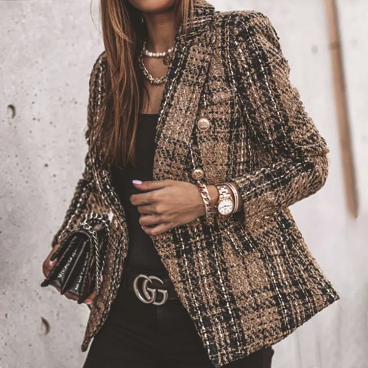 

Женский пиджак с длинным рукавом Zoctuo, элегантный двубортный пиджак с винтажным клетчатым принтом, Дамская верхняя одежда, Стильные топы, па...