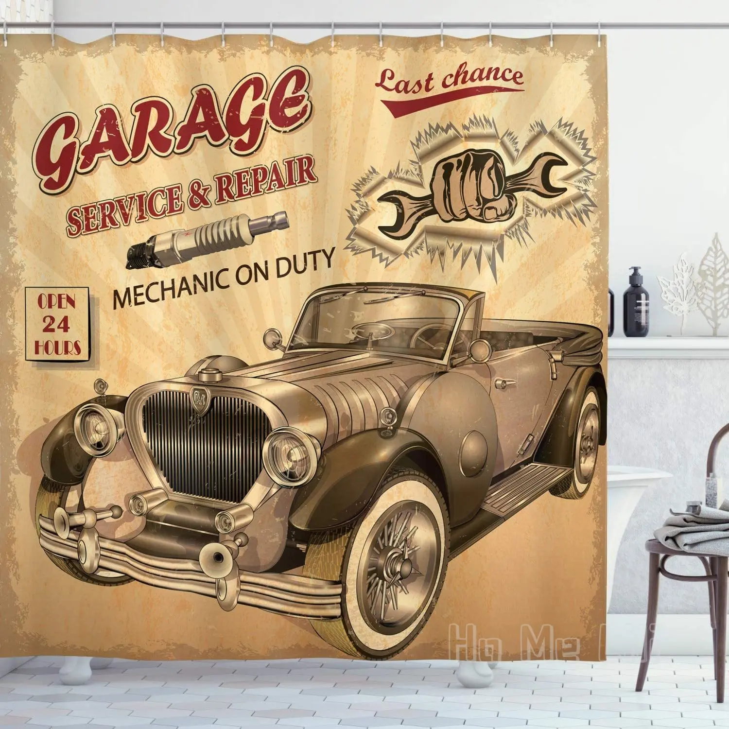 

Vintage Shower Curtain Nostalgic Car With Garage Service And Repair Store Phrase Dated Faded Print Bathroom Decor Set With Hooks