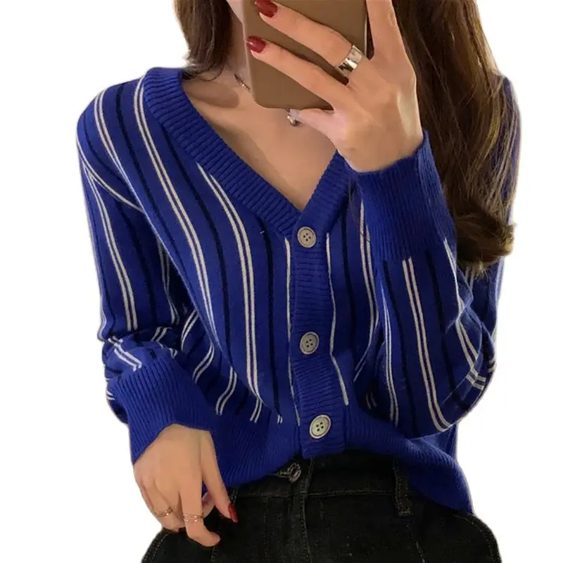 

Vertical Stripes Sweater Women Long Sleeve V-Neck Clothes Korean Fashion Woman Sweaters Tops Short Knitted Cardigan Rebeca Mujer