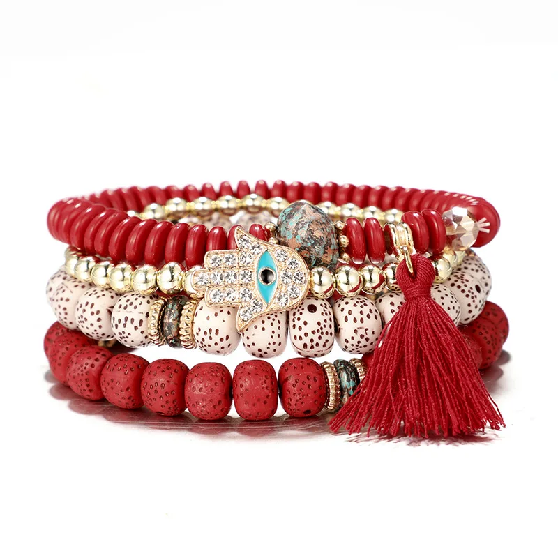 KMVEXO 4PCS/Set Bohemian Turkish Palm Eyes Bracelets For Men Woman Fashion Wristband Resin Stone Tassel Bracelet Vintage Jewelry | Украшения