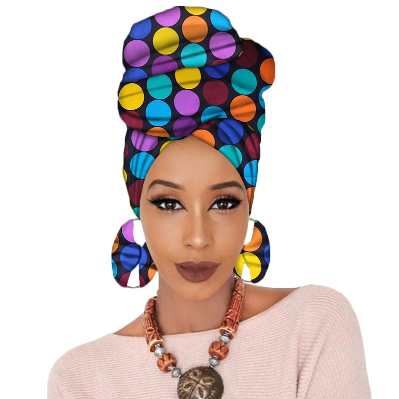

African Headwrap Women Cotton Wax Fabric Traditional Headtie Scarf Turban with earrings H029