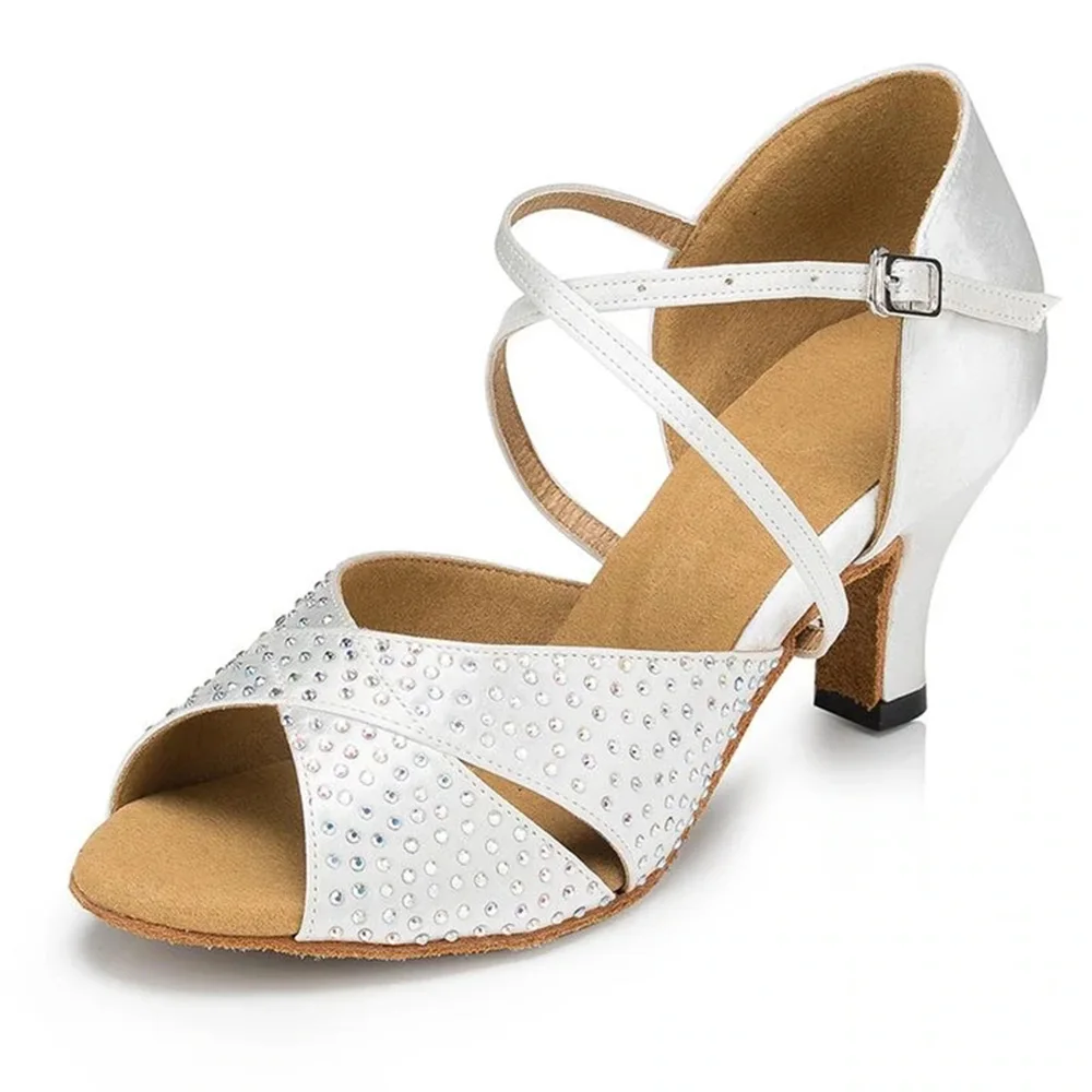 Satin Rhinestone Dance Shoes Women Latin Tango Salsa Dance Shoes Ballroom Dance 6cm Heel Soft Sole Sandals Ladies Wedding Shoes