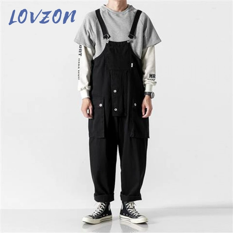

LOVZON 2021 New Men Bib Pants Solid Color Casual Jumpsuits Streetwear Joggers Multi Pockets Fashion Suspenders Men Cargo Overall