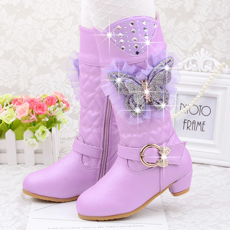 purple2 Г. Сапоги До Колена Для девочек зимние сапоги принцессы на высоком каблуке с блестками, стразы, бабочка и плюш вечерние туфли розовые, кружевные - Цвет: purple2
