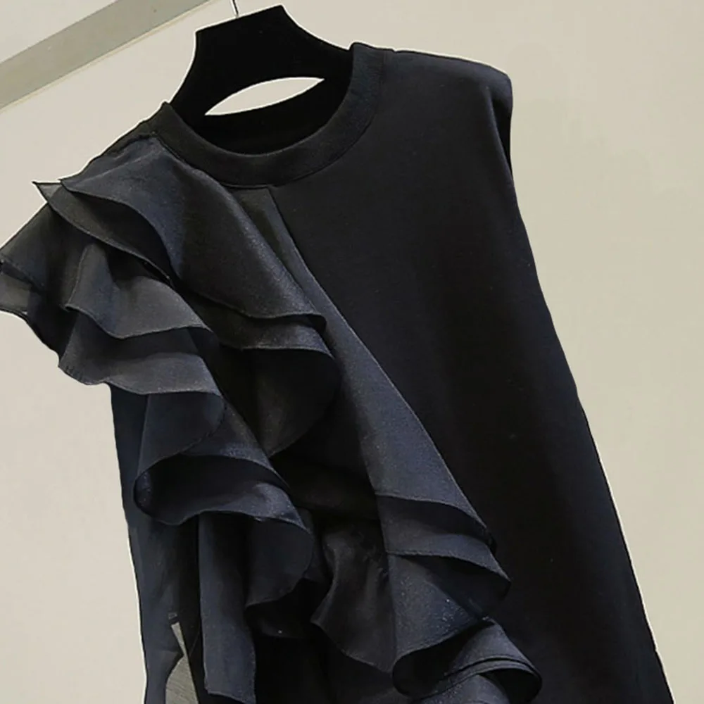 

2021 Summer New Japanese Style Korean Fashion Solid Color Round Neck Ruffle Summer T-Shirt Women's Casual Simplicity