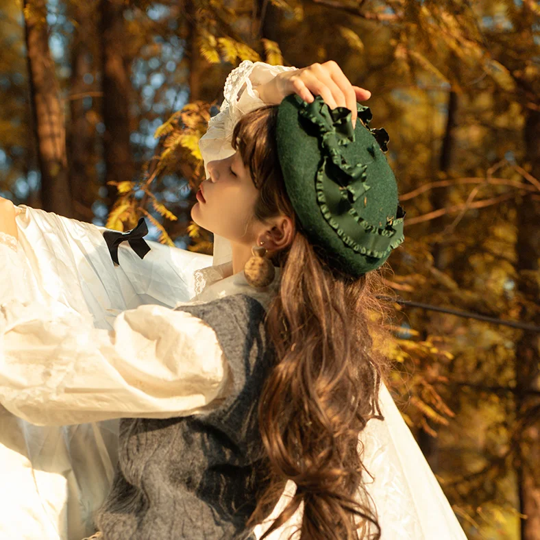 

Pastoral style Sweet Mori Girl series lolita Vintage Headwear Accessories Cos princess Gorgeous Animal ear Small Top hat Beret