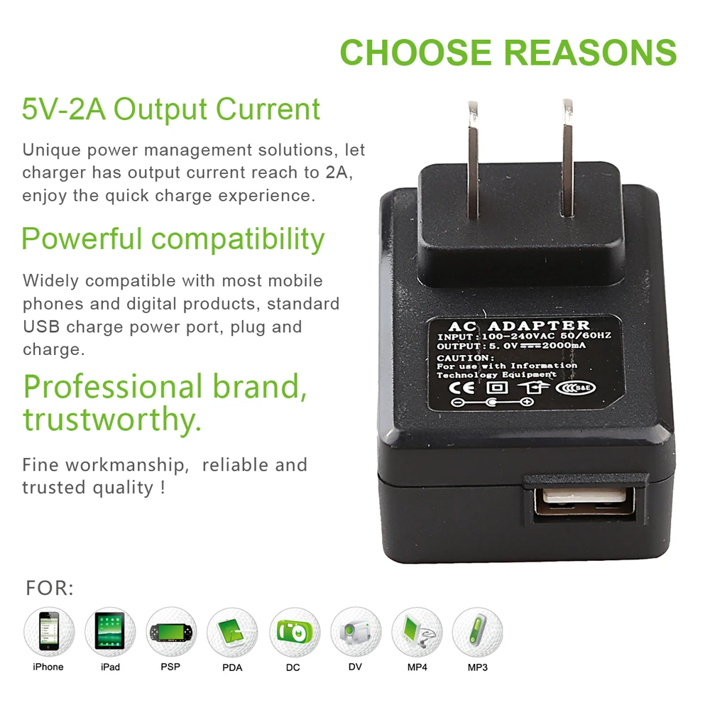 5V 2A Универсальное зарядное устройство адаптер США вилка USB настенное Быстрая