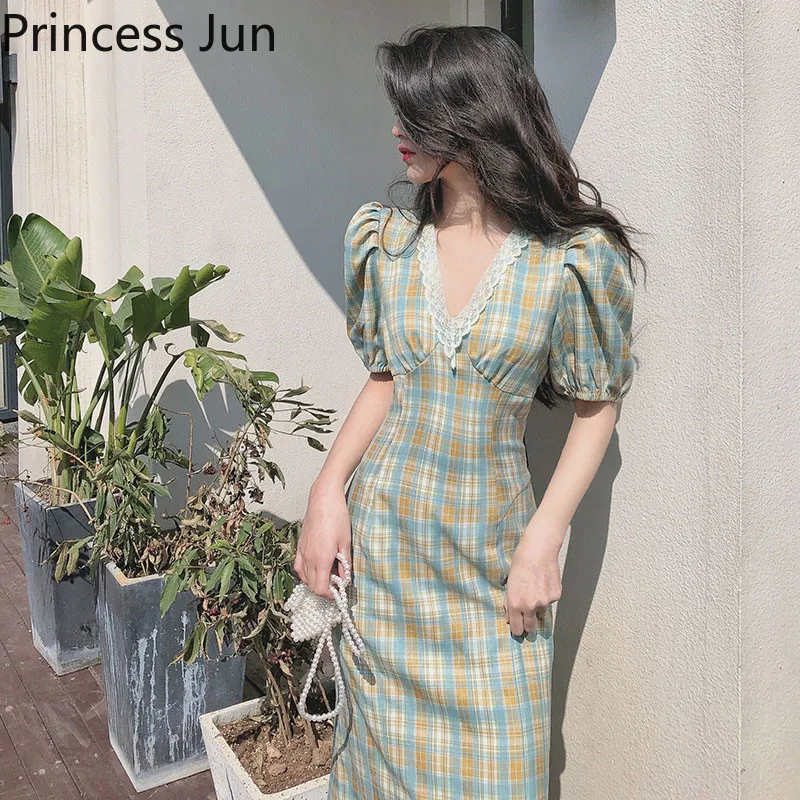 

Для женщин Новинка круглой головиной и коротким пышным рукавом в стиле ретро, в мелкую клетку платье с принтом платье с кружевом и v-образным...