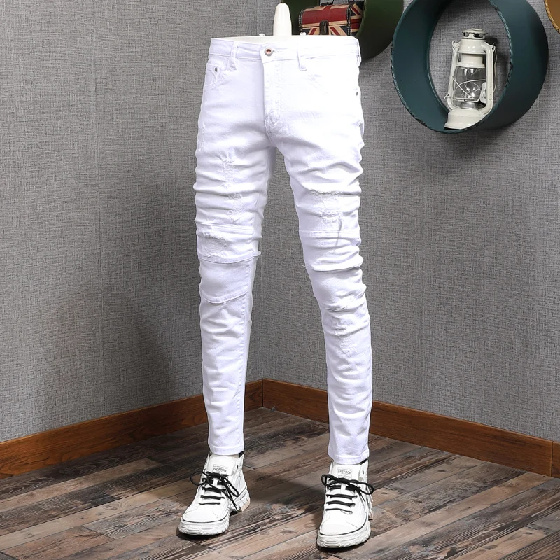 American Street Style Fashion Men Jeans Elastic Slim Fit Ripped Jeans Men Korean Spliced Designer Hip Hop Denim Pencil Pants