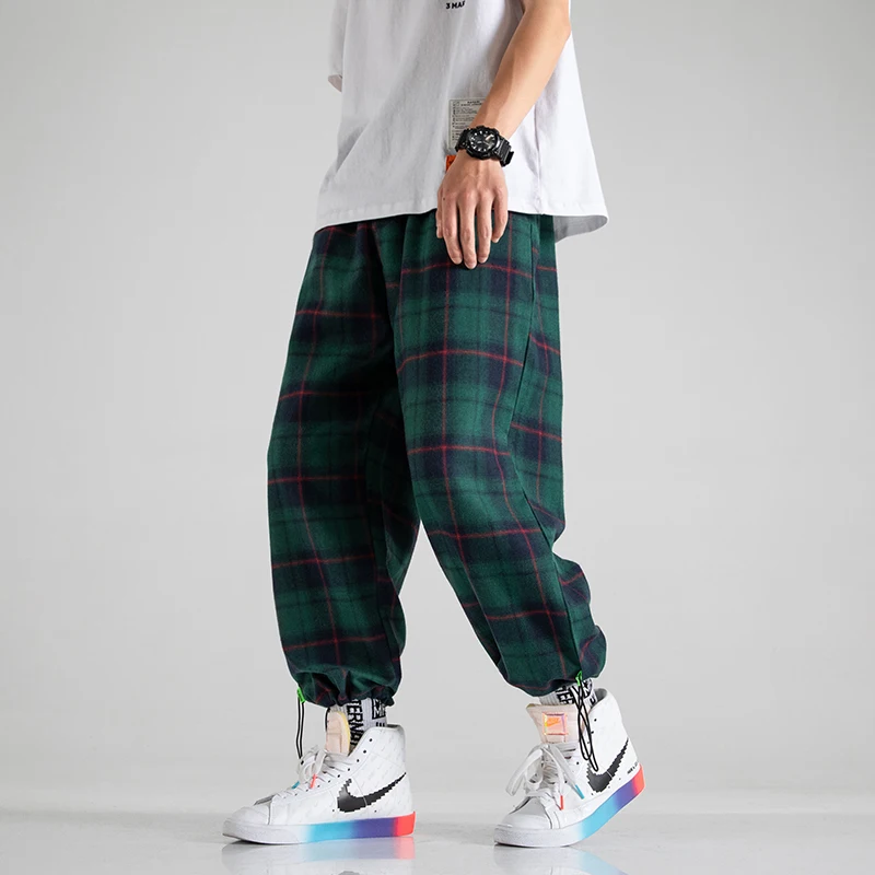 Штаны мужские в японском стиле зеленые клетчатые брюки повседневные шаровары