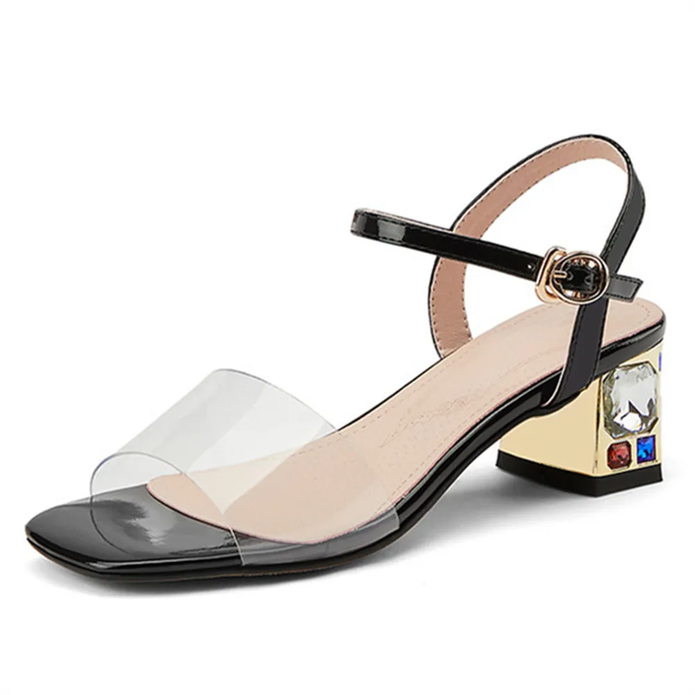 Женские босоножки ASUMER из лакированной кожи с кристаллами на квадратном высоком