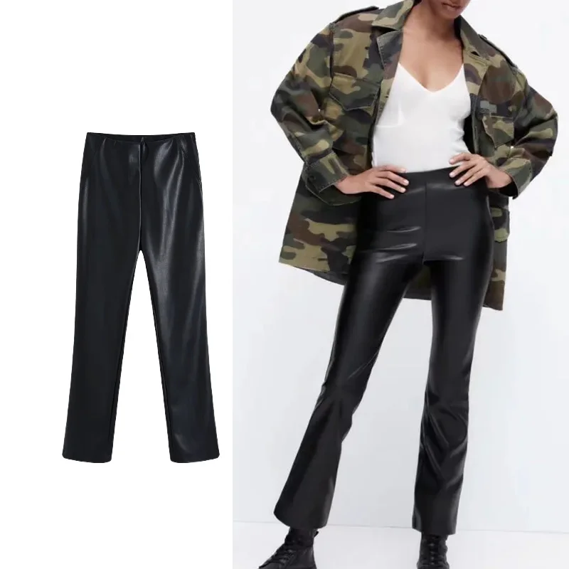 

TRAF Za Women Pants 2021 Autumn Small Speakers Imitation Leather Leggings Women New Fashion Streetwear Vintage Trousers