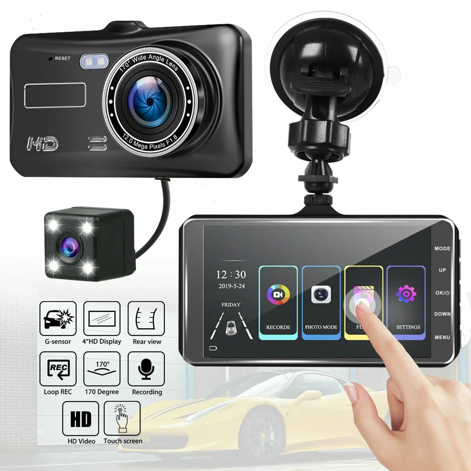 Автомобильный видеорегистратор 4 ''с двумя объективами HD 1080P с сенсорным