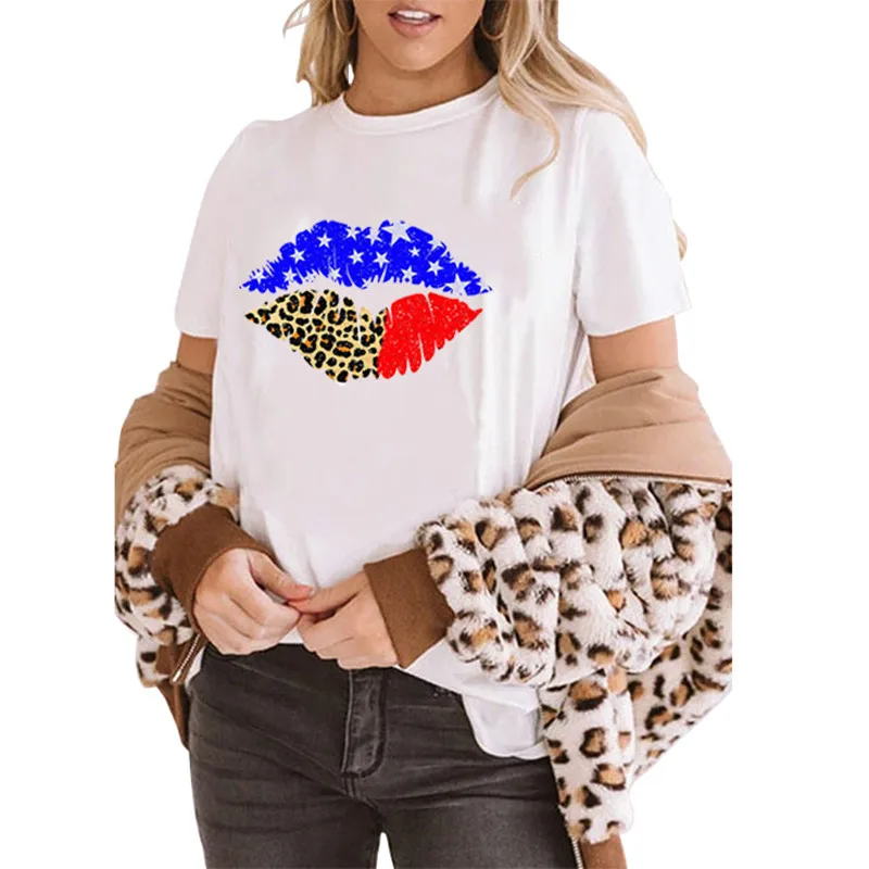 Женская летняя футболка со слоганом и леопардовым принтом в виде флага Америки