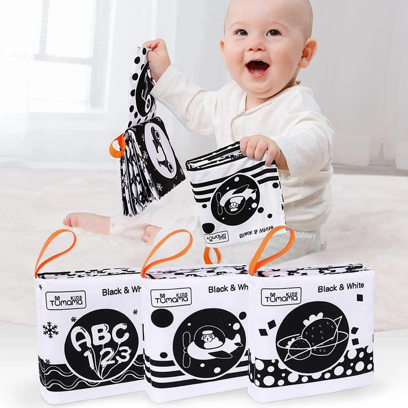 

TUMAMA 4PCS Baby Soft Cloth Books Toys,Black and White Soft Books with Animals,Fruit,Vegetables Creatures Learning Toy for Baby