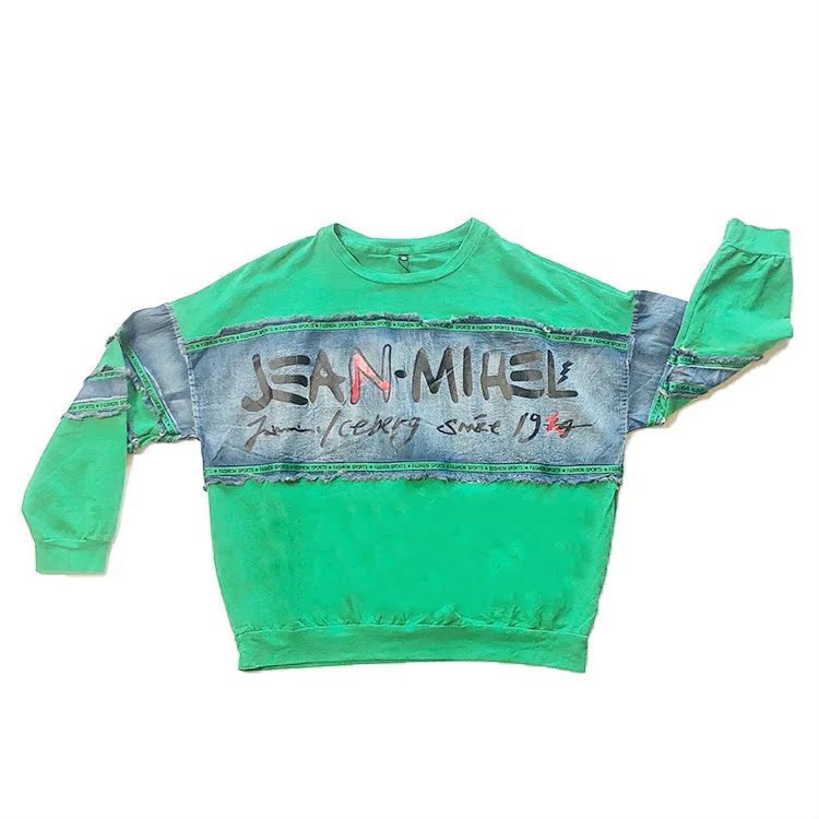 

Loose plus size sweater 2020 autumn Korean street trend denim stitching print women's long sleeve pullover sweater