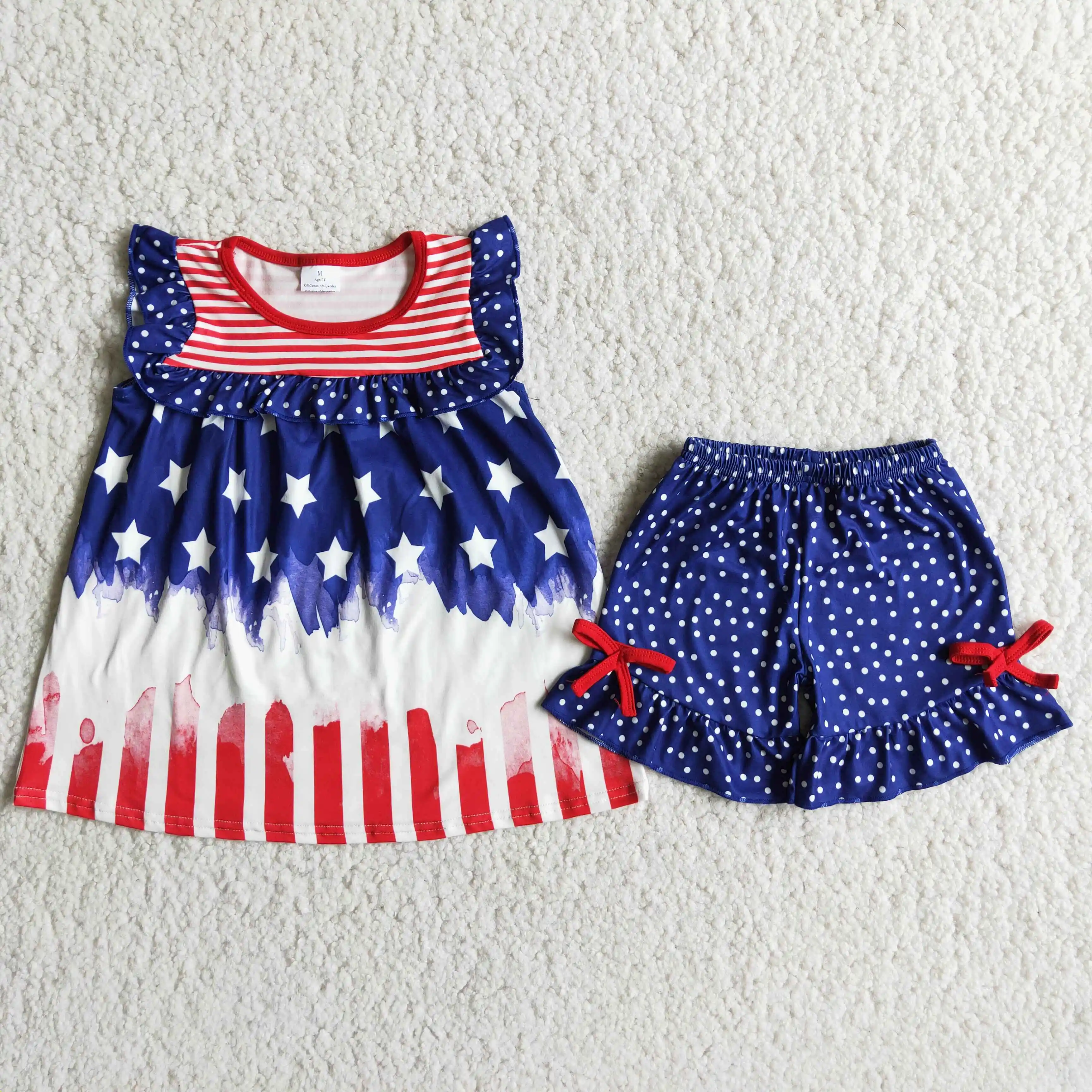 

Baby Girls July Fourth Outfits Toddlers Infant Sleeveless Stars Blue Top Polka Dot Shorts Kids Clothing Children Boutique Sets