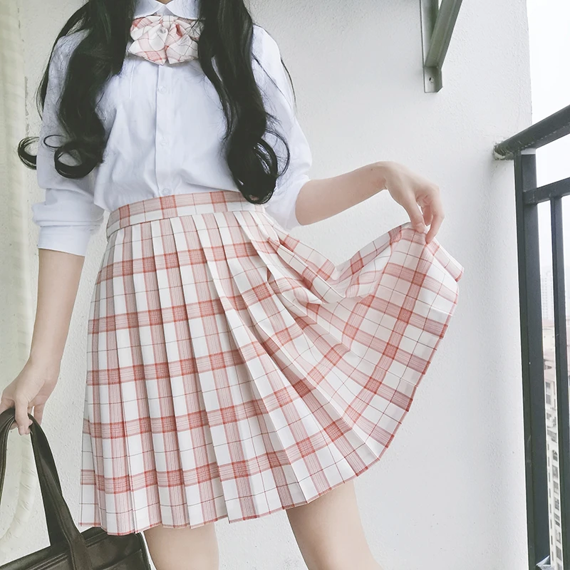 Женская летняя юбка с высокой талией розовая/белая плиссированная в клетку |