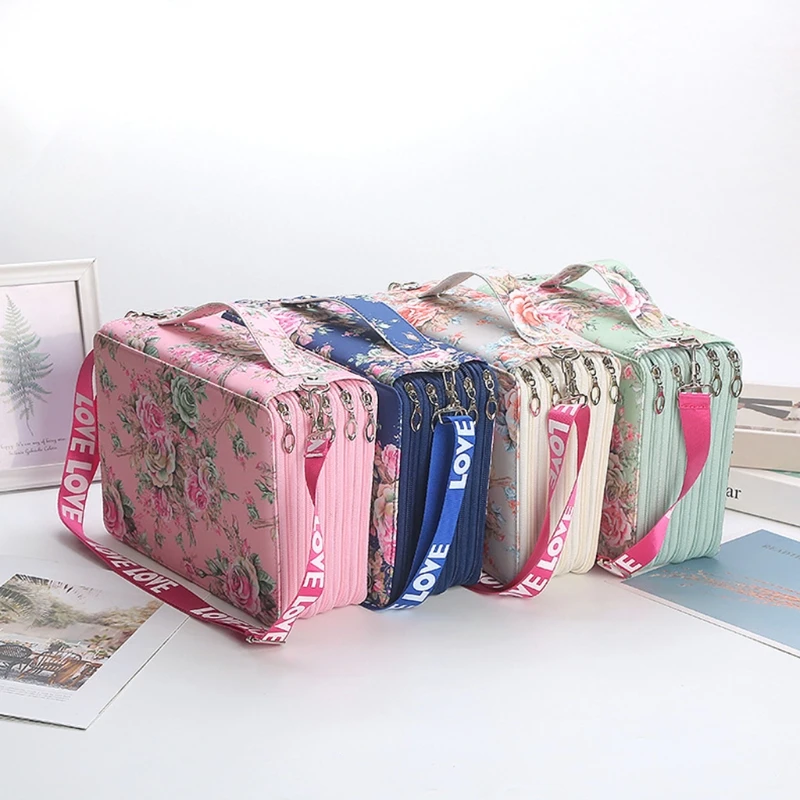 

252Holes Crocodile Pattern Flowers With Shoulder Strap Zipper Pencil Case Sketch Pencil Bag Stationery Storage Office