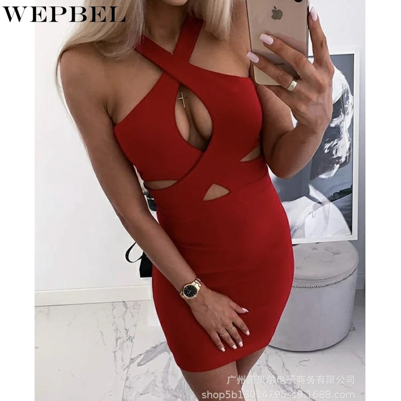 

WEPBEL Dress Women's Casual Slim Hollow Out Halter Dress Summer Sexy Solid Color High Waist Sleeveless Spaghetti Strap Dress