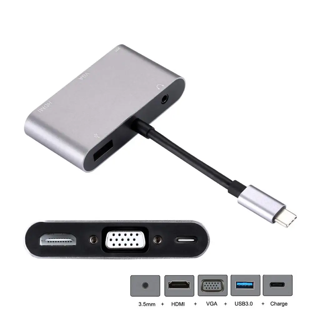 

USB-C USB 3.1 Type C to HDMI & VGA & USB3.0 OTG & Female Charger & Audio Adapter for Laptop