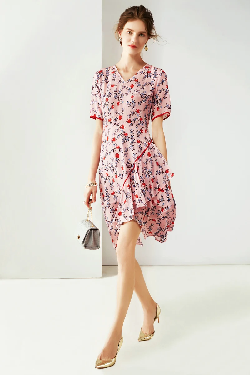 Женское Ассиметричное платье из 100% шелка с v-образным вырезом короткими рукавами